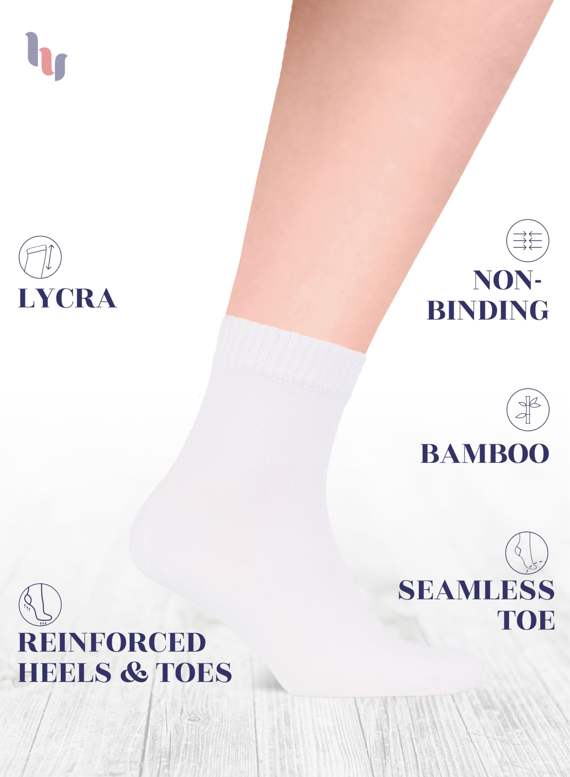 Hugh Ugoli Diabetic Socks for Men, Loose Ankle Socks Bamboo, Extra-Wide, Thin, Seamless Toe and Non-Binding Top, 4 Pairs, White,