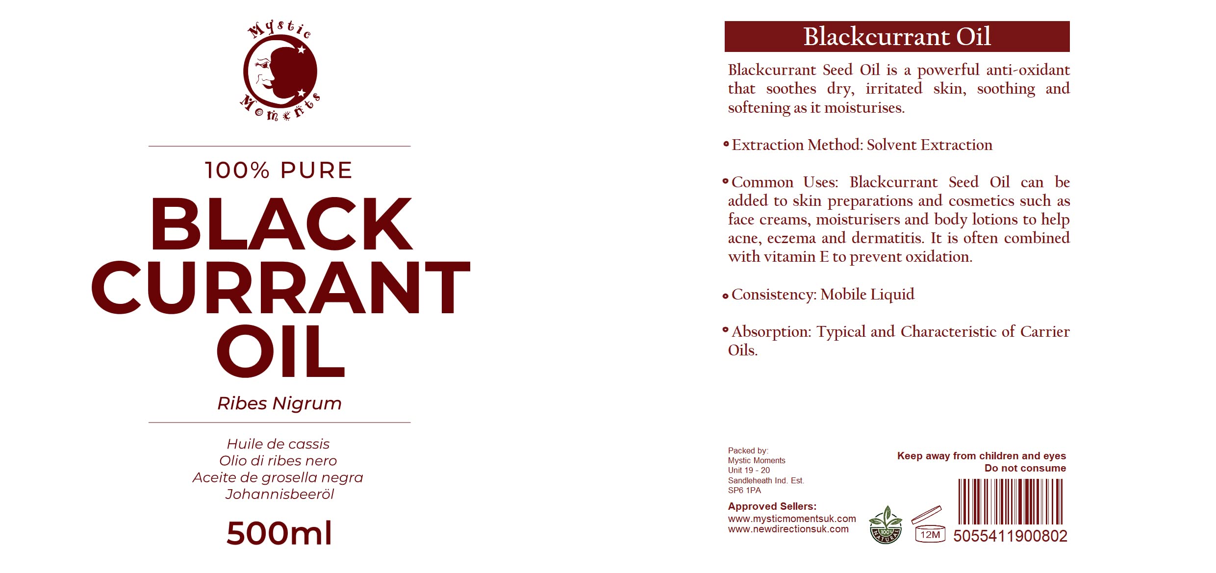 Mystic Moments | Blackcurrant Seed Carrier Oil - 500ml - Pure & Natural Oil Perfect for Hair, Face, Nails, Aromatherapy, Massage