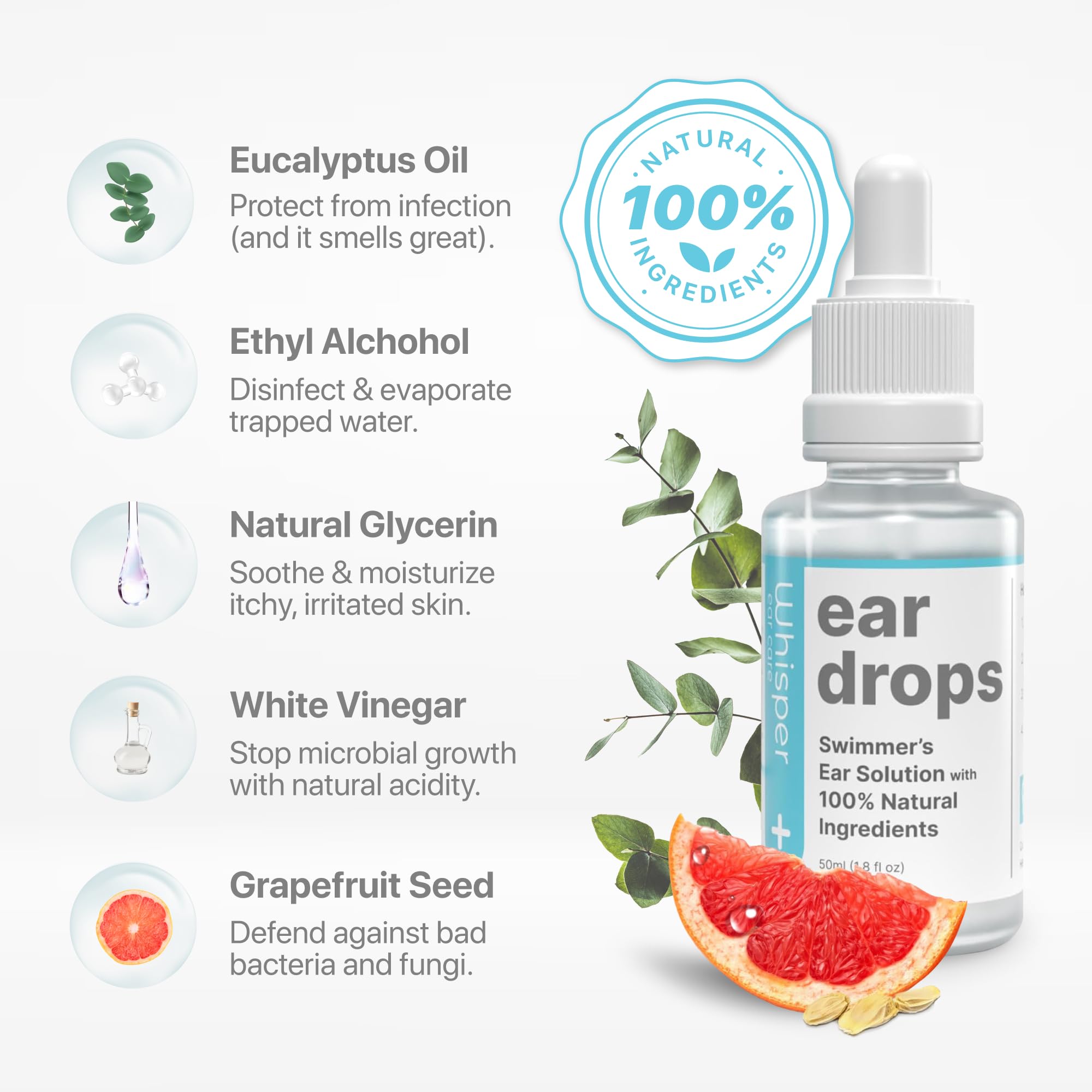 Whisper Ear Drops | 2oz | USA | All Natural Swimmers Ear Drops for Adults with Itchy Ears | Swimmer's Ear Drops Combat Swimmers