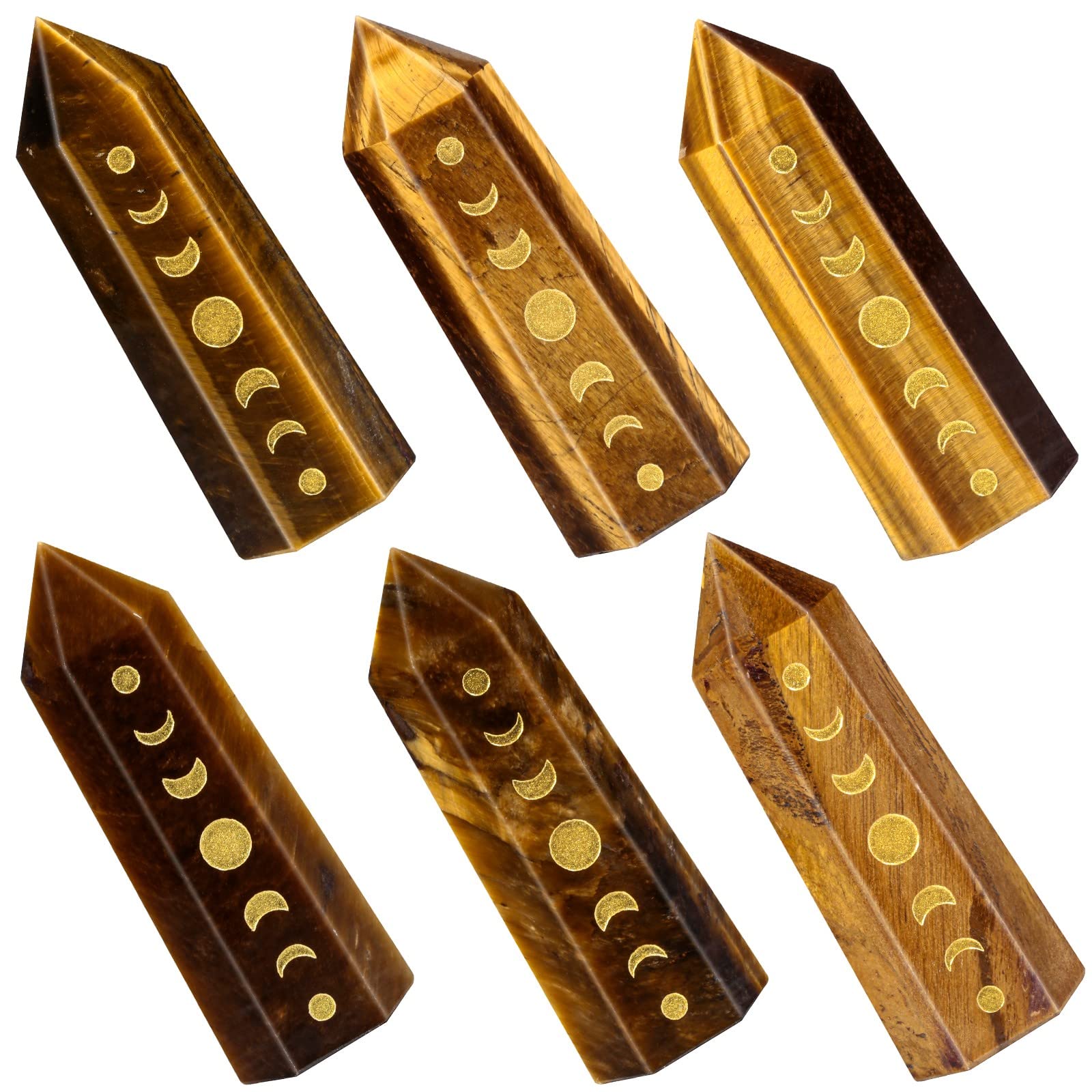 Amogeeli Wicca Moon Phase Tiger's Eye Stone Point Wand for Reiki Meditation, 6 Faceted Prism Healing Crystal Decoration for Home