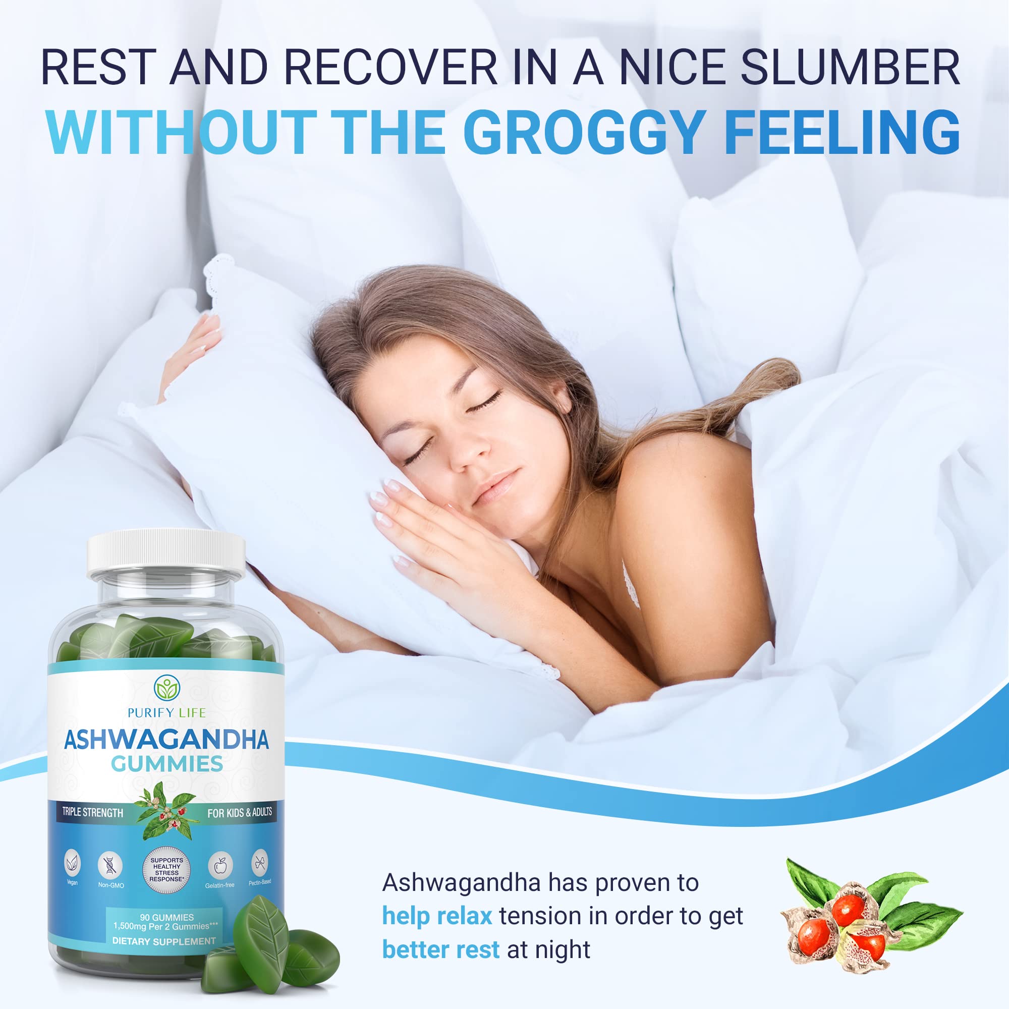 Ashwagandha Gummies (Max Strength - 750mg/Gummy) (90ct - Up to 3 Month Supply) Support Calm Mood, Relaxation & Cognitive Support