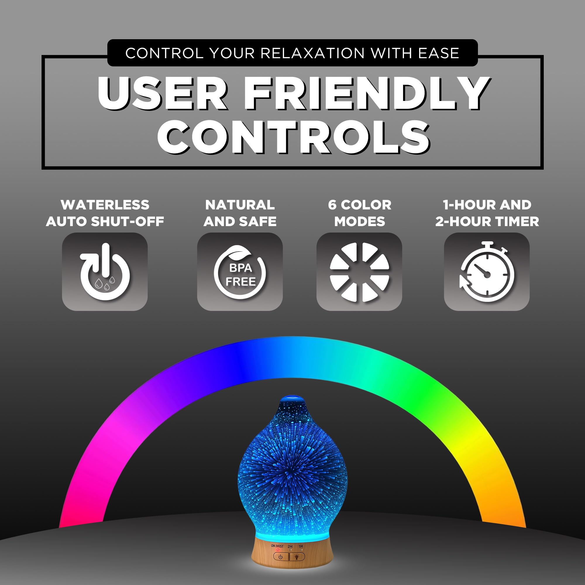 Aromatherapy Essential Oil Diffuser for Therapeutic Oils, w/ 3D Glass Vase | Cool Mist Difusor for Bedroom | LED Color Light Dis
