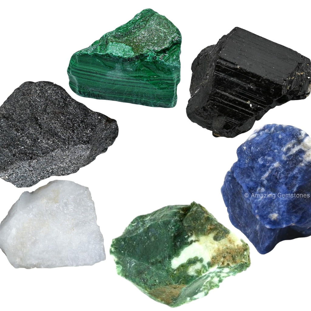 Healing Crystal for Breast Lung Prostate Cancer Fighter, Set of 6 Black Tourmaline, Malachite, Hematite, Sodalite, Moss Agate an