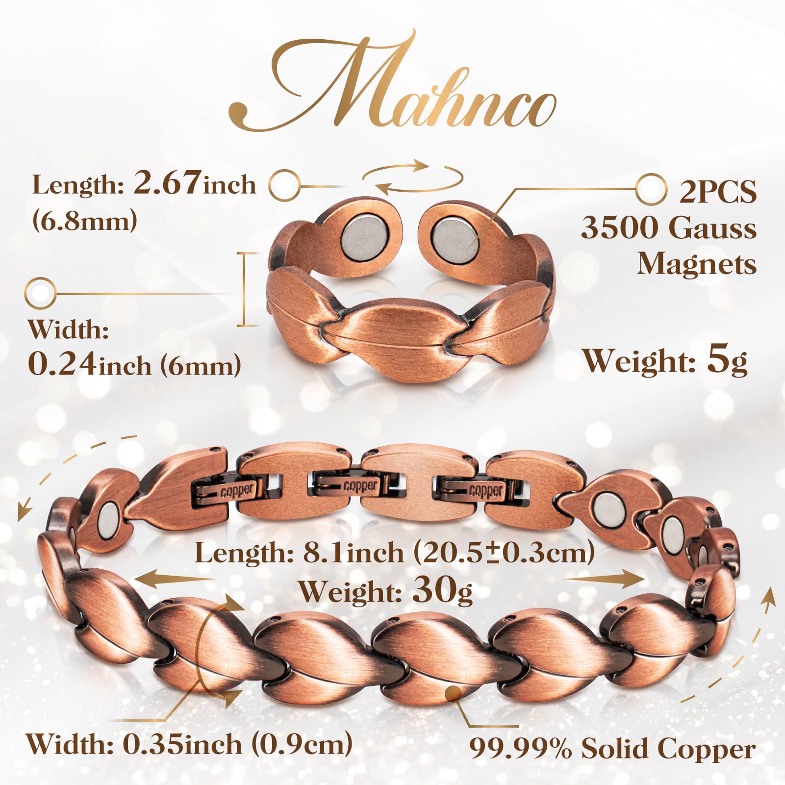 Copper Bracelets for Women Lymph Detox Magnetic Bracelets, 100% Solid Pure Copper Bracelet with 3500 Gauss Magnets & Lymphatic D