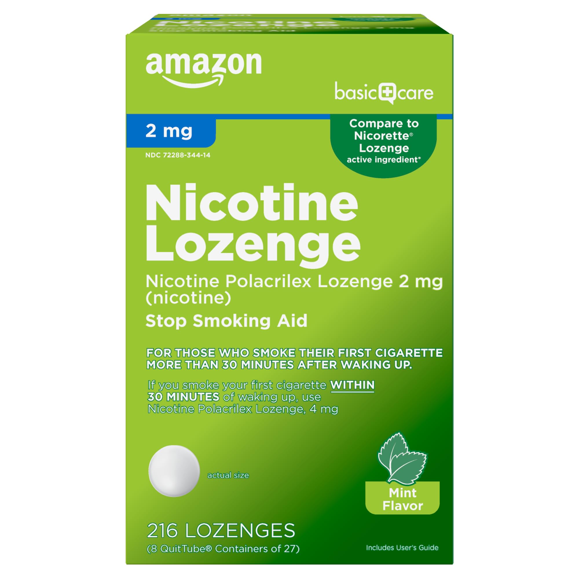 Amazon Basic Care Nicotine Polacrilex Lozenge, 2 mg (Nicotine), Mint Flavor, Stop Smoking Aid, Adult, 216 Count