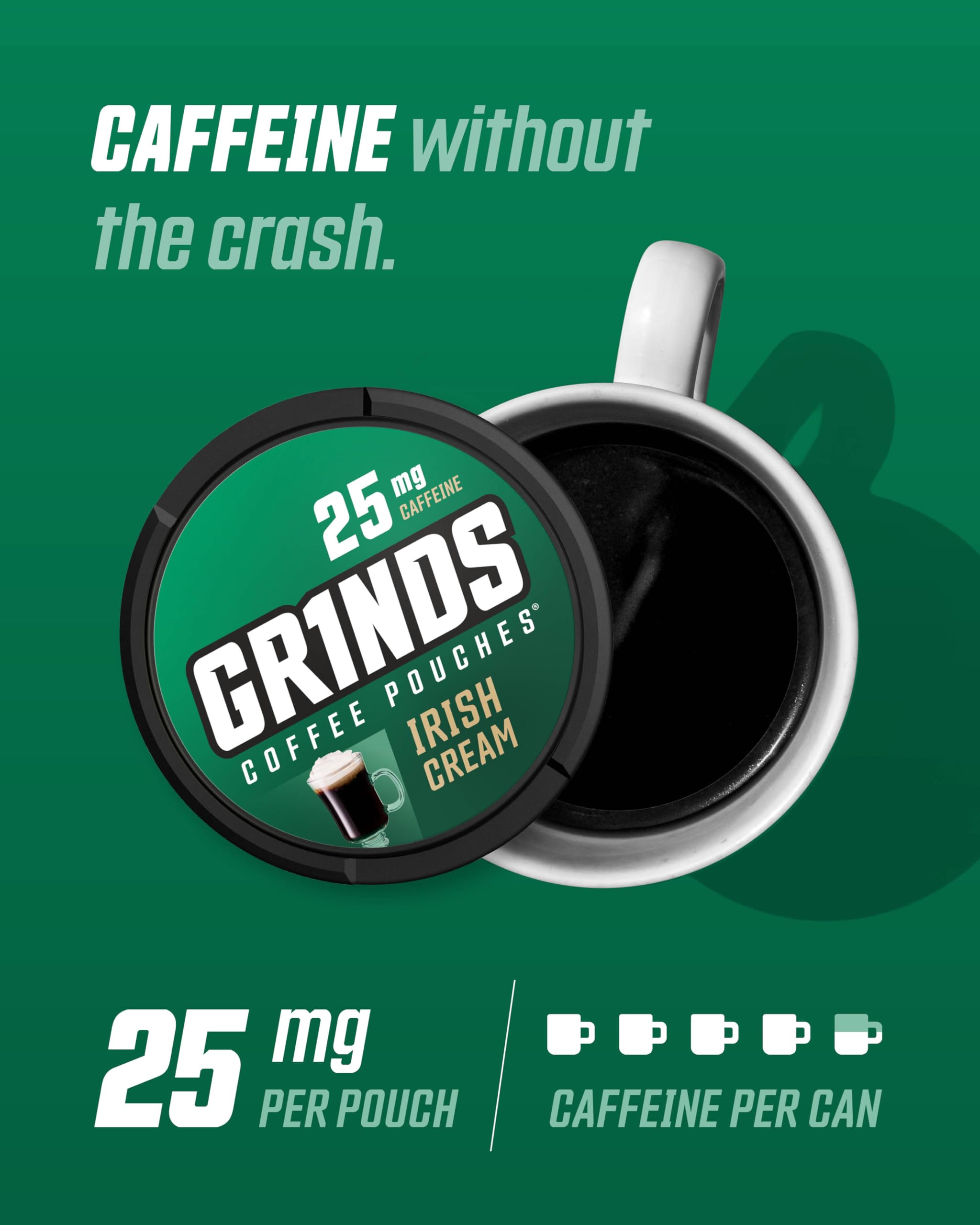 Grinds Coffee Pouches | Tobacco Free, Nicotine Free Healthy Alternative | 3 Cans of Irish Cream | 18 Pouches Per Can | 1 Pouch e