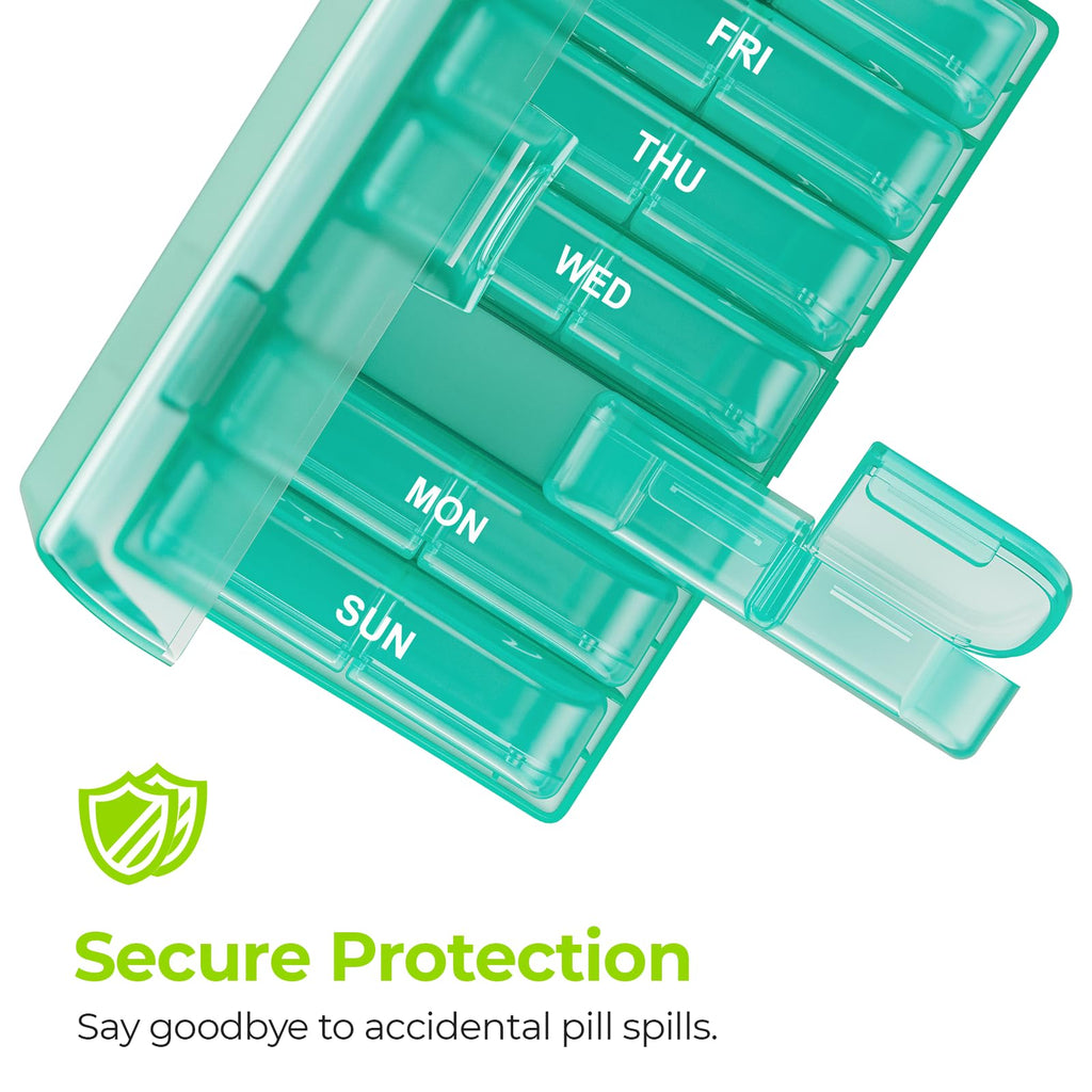 AUVON XL Weekly Pill Organizer 2 Times a Day, Pill Box 7 Day with One-Side Large Openings for Easy to Use, Cyan AM PM Pill Case