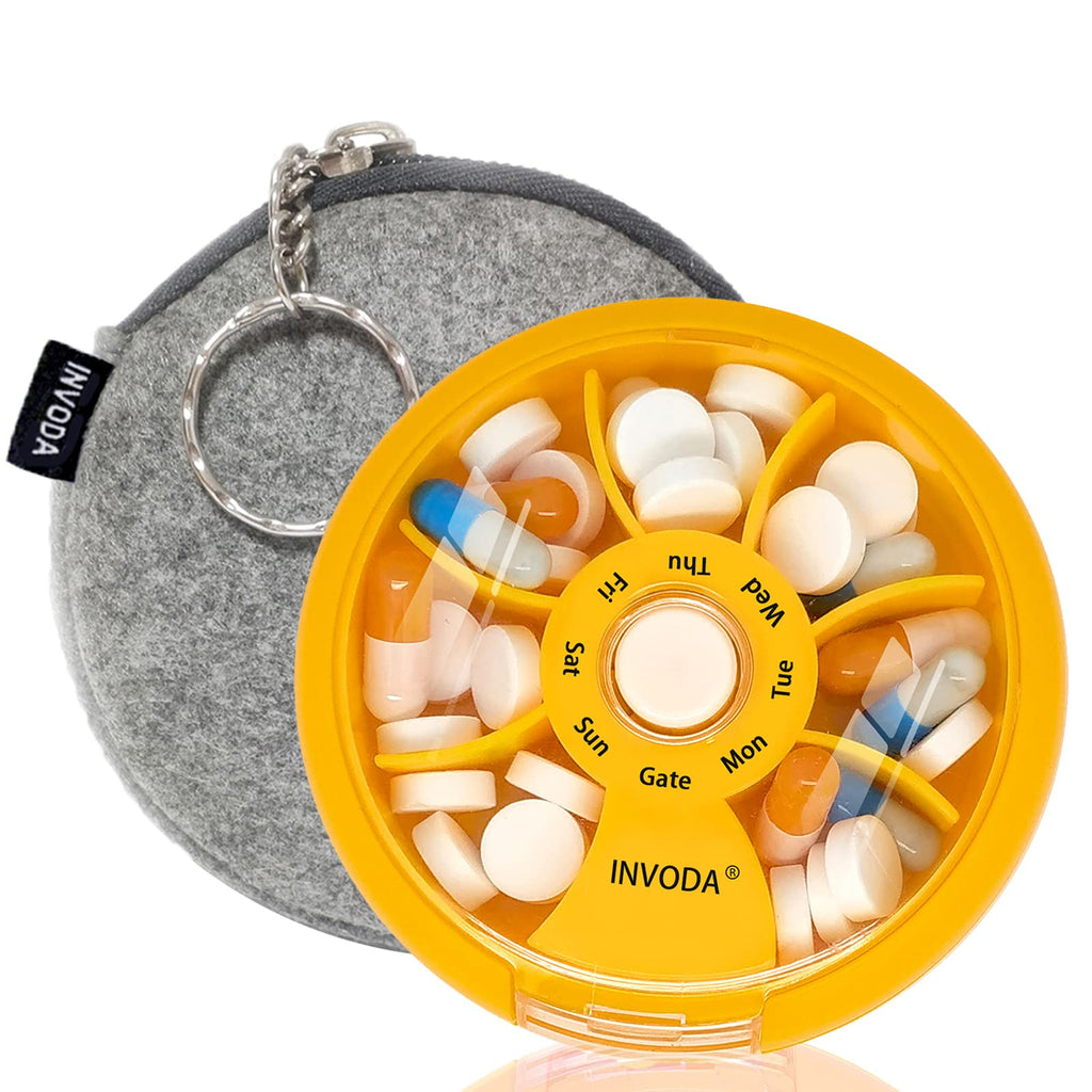 Pill Organizer Travel Pill Cases Weekly Cute Round Pill Box Purse Pill Container Portable Small Medicine Organizer (Orange+Bag)