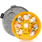 Pill Organizer Travel Pill Cases Weekly Cute Round Pill Box Purse Pill Container Portable Small Medicine Organizer (Orange+Bag)