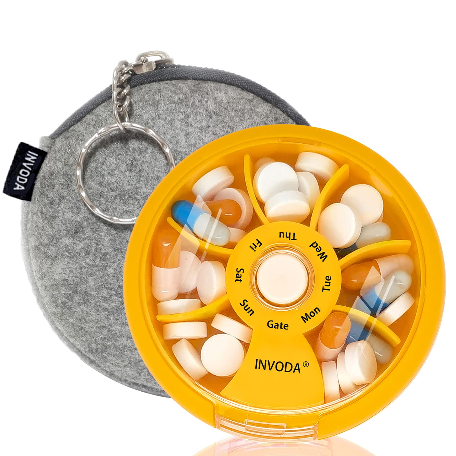 Pill Organizer Travel Pill Cases Weekly Cute Round Pill Box Purse Pill Container Portable Small Medicine Organizer (Orange+Bag)