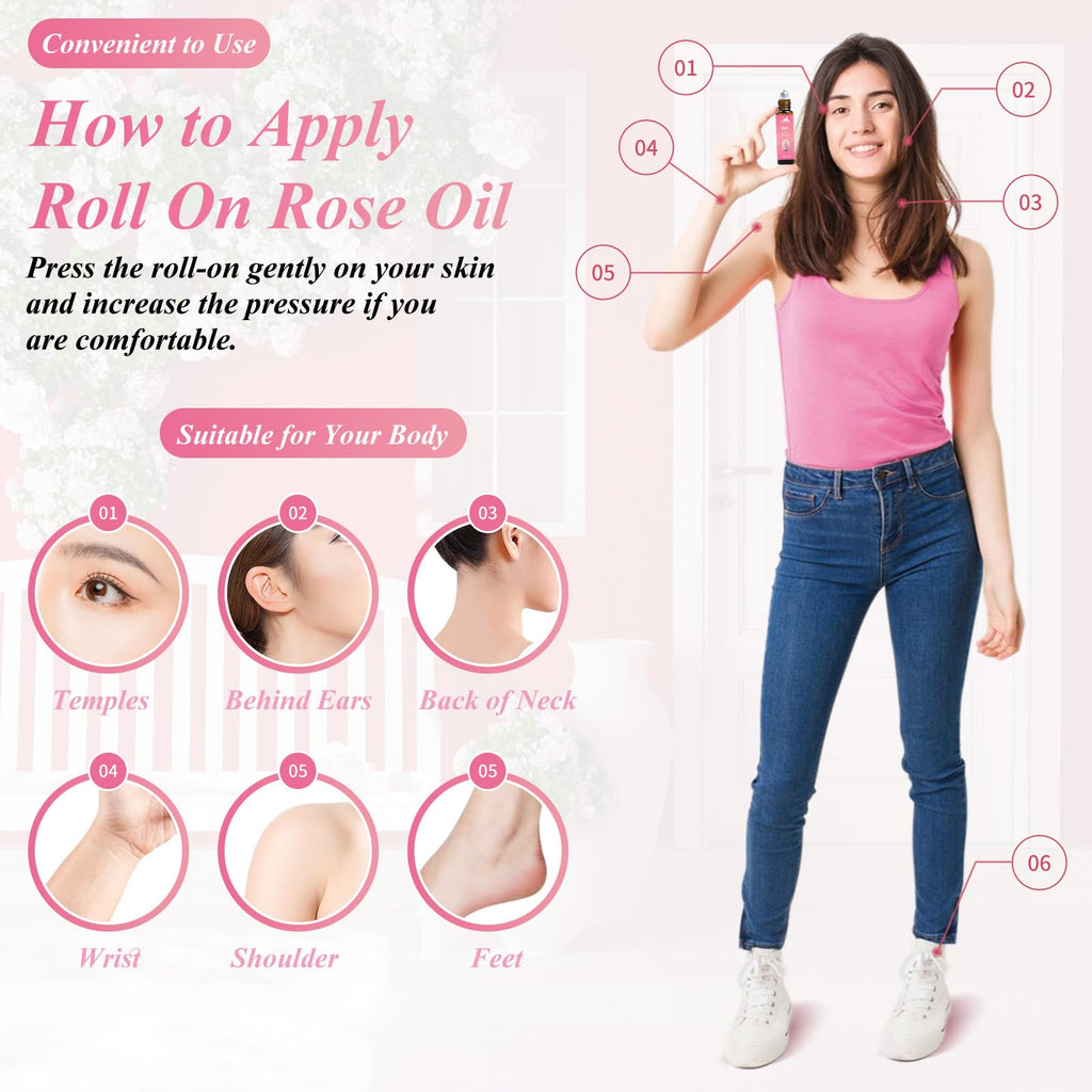 Rose Essential Oil Roll On, Mumianhua Diluted Rose Oil Touch Essential Oil, Aromatherapy Roller Oil for Skin, Body, Hair, Women,