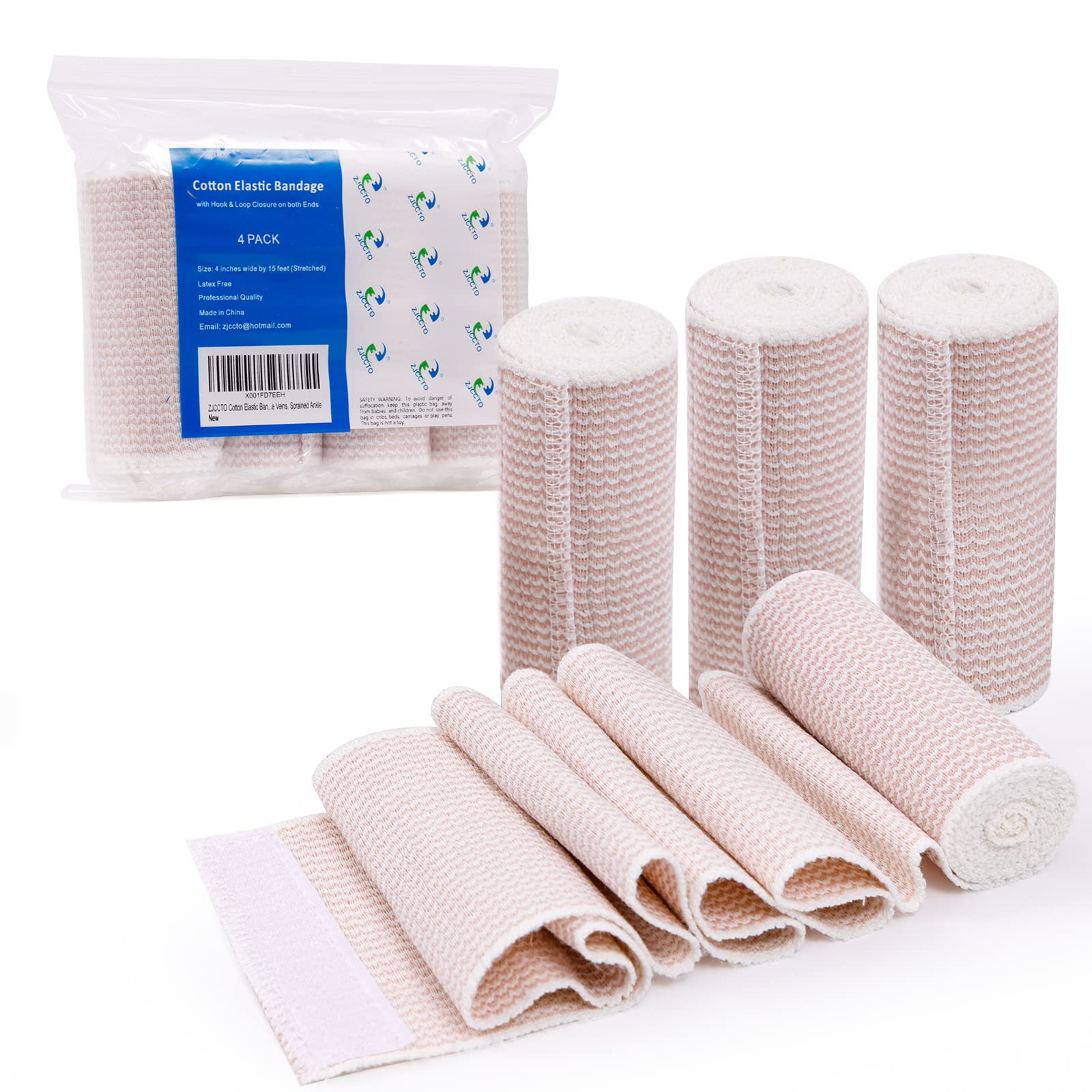 ZJCCTO Elastic Bandage 4 Pack. 4 Inches Wide x (13 to 15 ft. when stretched) with Hook and Loop on Both Ends, Latex Free Bandage