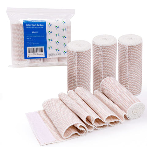 ZJCCTO Elastic Bandage 4 Pack. 4 Inches Wide x (13 to 15 ft. when stretched) with Hook and Loop on Both Ends, Latex Free Bandage