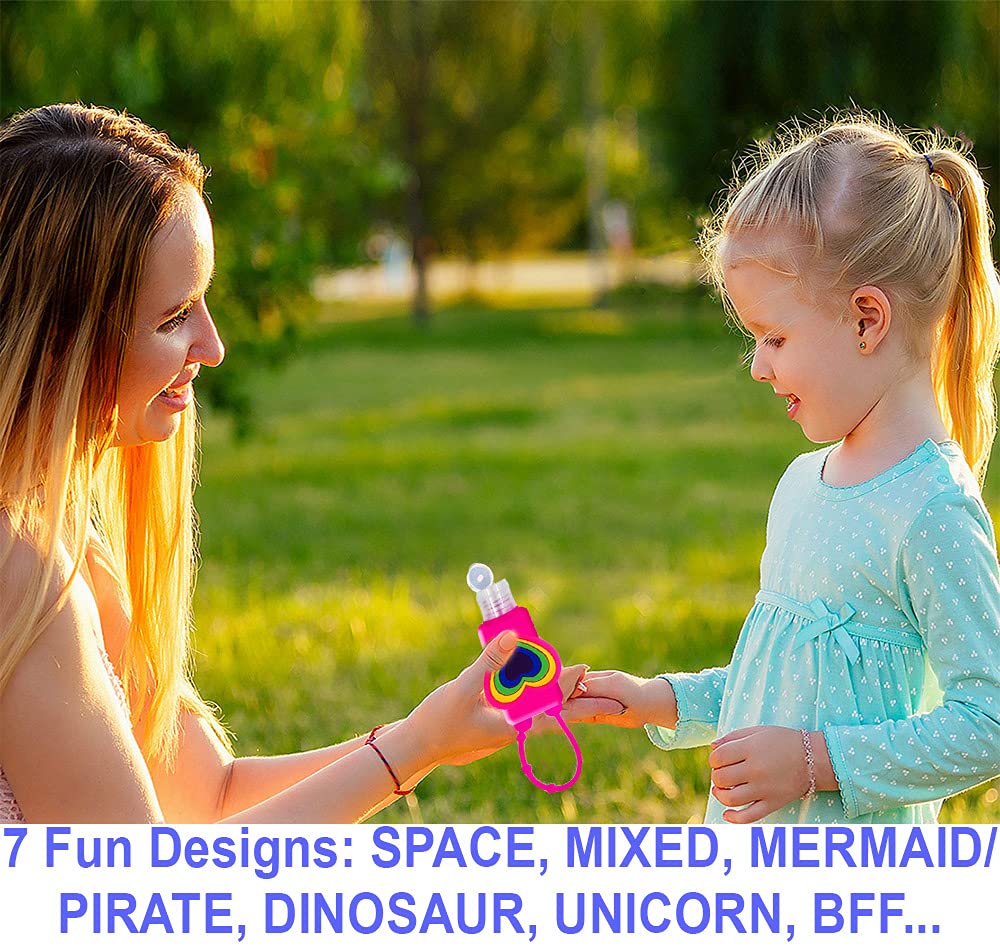 KINIA 8 Pack Empty RAINBOW Kids Hand Sanitizer Travel Size Holder Keychain Carriers, 8-1 fl Oz. Flip Cap Reusable Empty Portable
