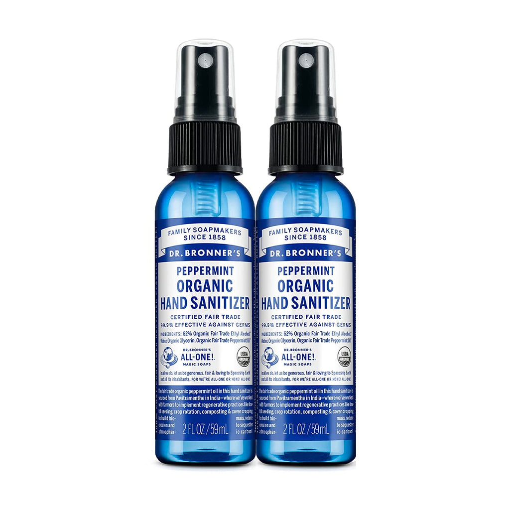Dr. Bronners - Organic Hand Sanitizer Spray (Peppermint, 2 Ounce, 2-Pack) - Simple & Effective Formula, Cleanses & Sanitizes, N