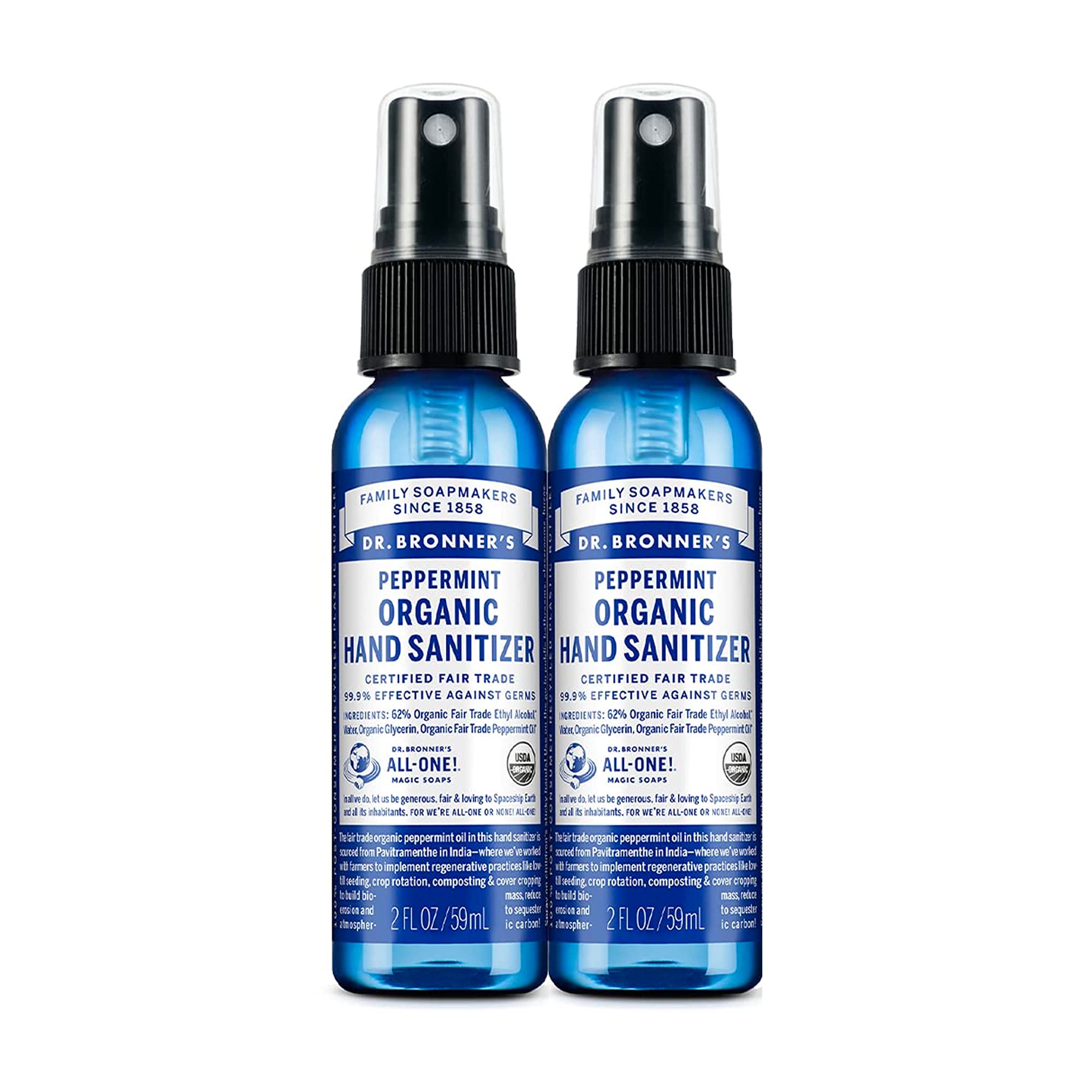 Dr. Bronners - Organic Hand Sanitizer Spray (Peppermint, 2 Ounce, 2-Pack) - Simple & Effective Formula, Cleanses & Sanitizes, N
