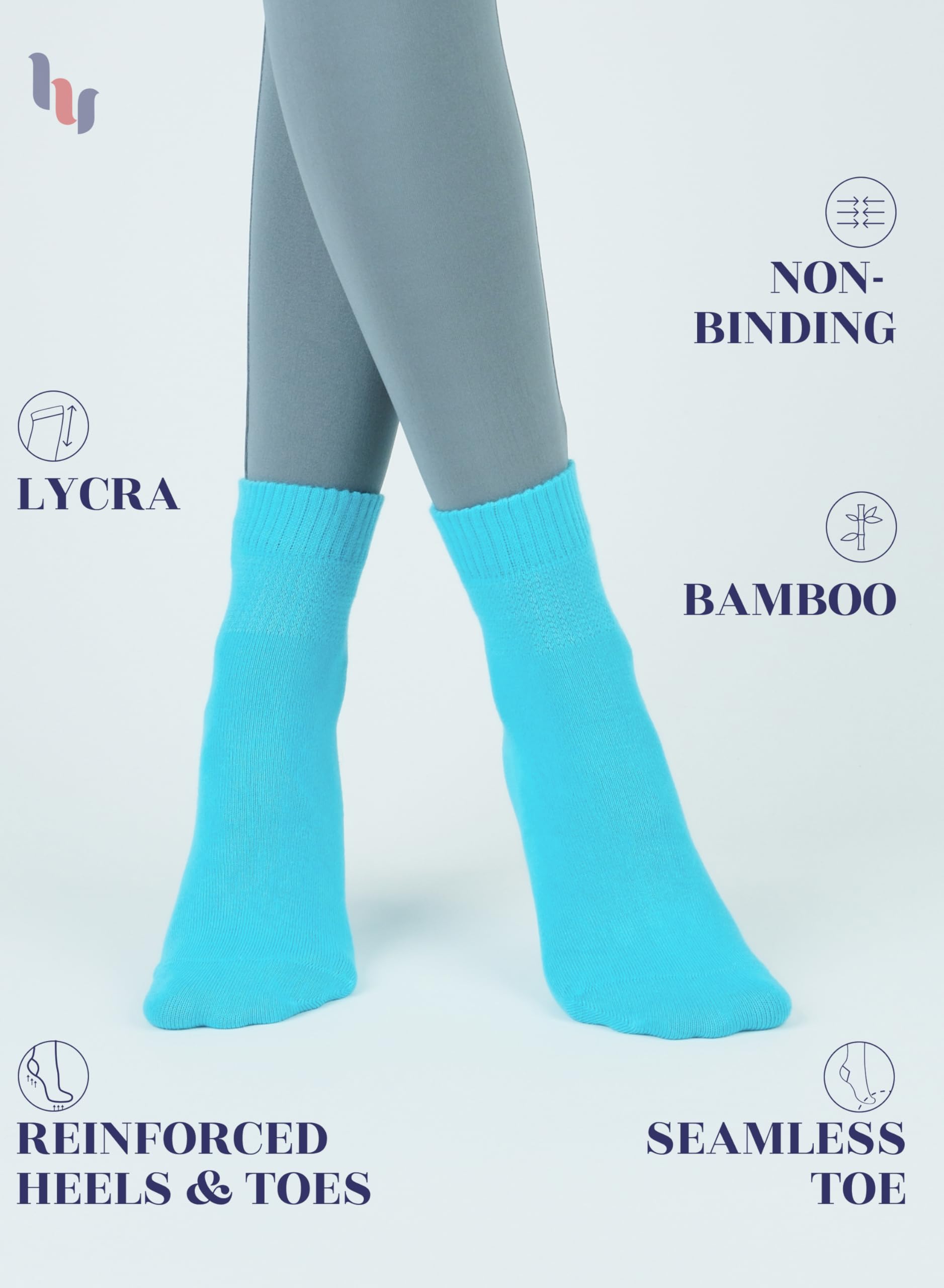 Hugh Ugoli Women Diabetic Ankle Socks, Super Soft & Thin Bamboo Socks, Wide & Loose, Non-Binding Top & Seamless Toe, 4 Pairs, Bl