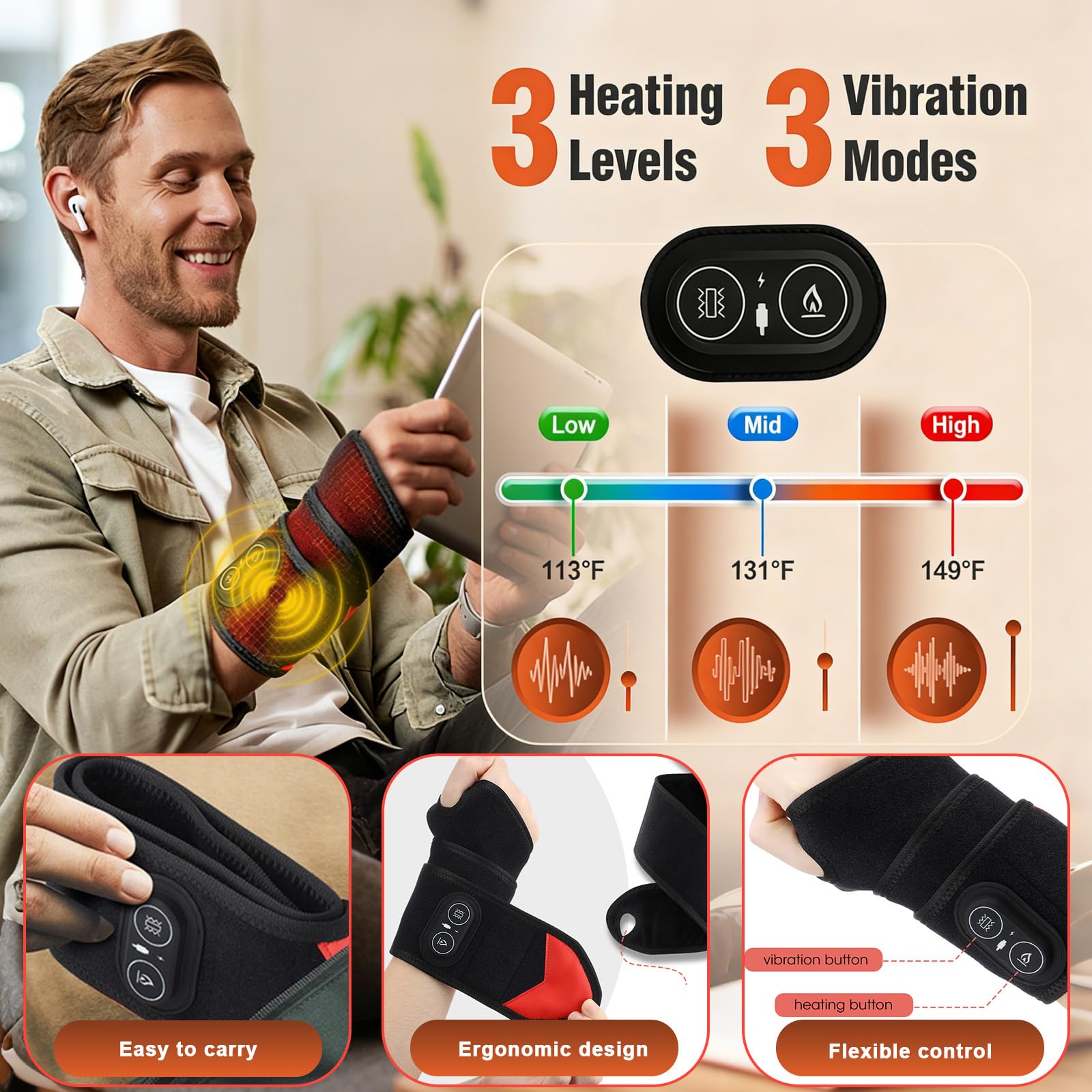 Red Light Therapy Wrist Heating Pad, 36 LED Beads & 3000mAh Battery, Cordless Rechargeable Heated Wrist Wrap with Vibration, 3 H