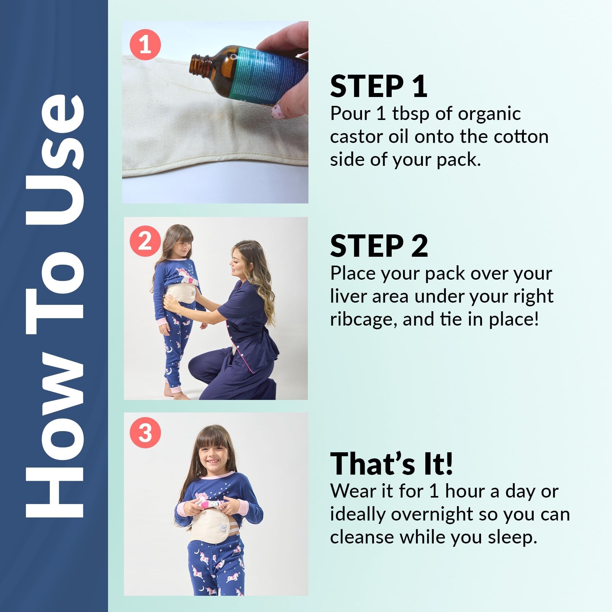 QUEEN OF THE THRONES Castor Oil Pack for Kids Kit - Heatless, Less-Mess, Reusable - Organic Cotton Flannel, Comfort Fit, Soft St