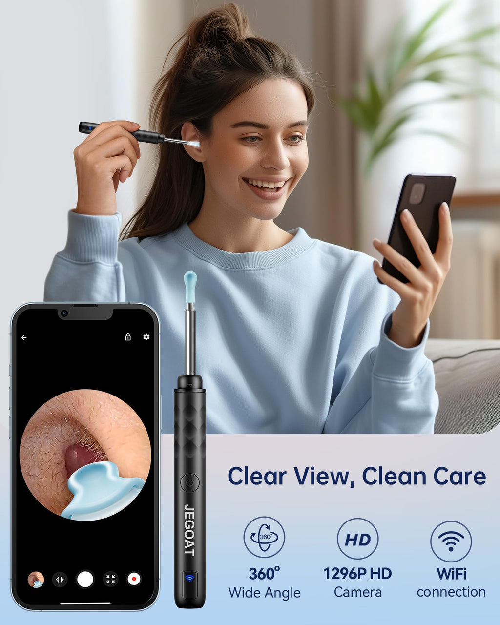 Ear Wax Removal Tool Camera, Ear Cleaner with Camera, 1296P HD Ear Scope, 6 LED Lights and 12 Ear Picks, Earwax Removal with Oto