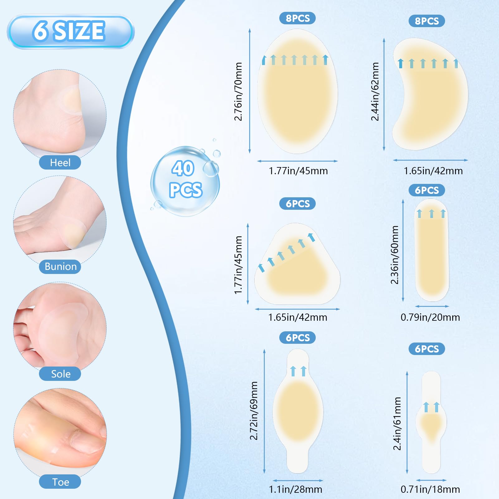 40ct Hydrocolloid Bandages Blister Bandages for Feet, Water Resistant Gel Blister Pads Blister Cushions for Heel Blister Prevent