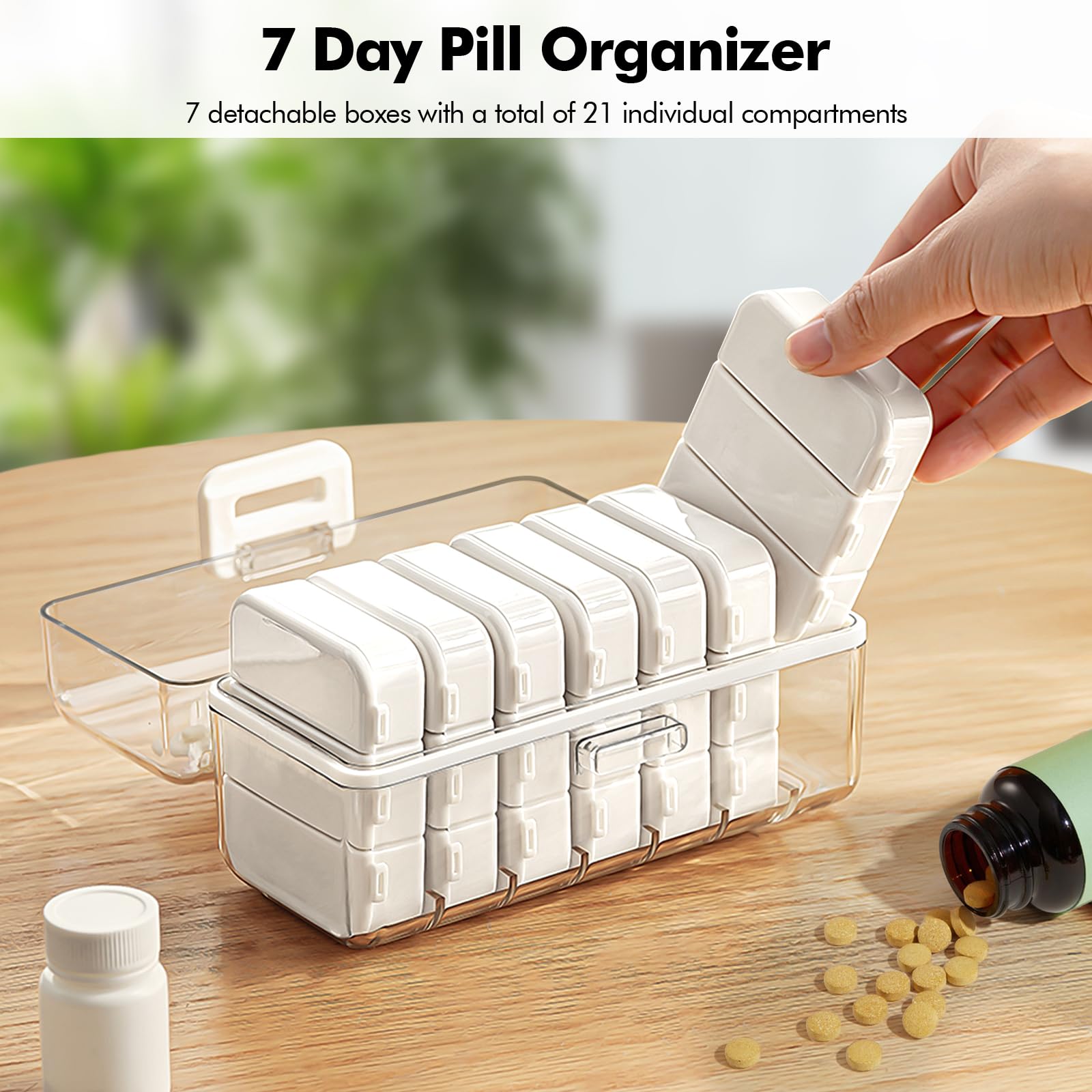 Lunhoo Portable Weekly Pill Box 3 Times a Day, Pill Organizer with 7 Detachable Boxes and Stickers, Airtight Organizer Case for