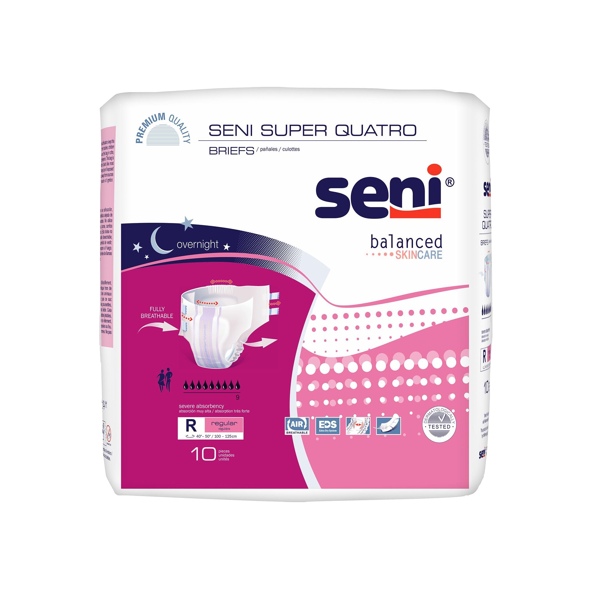 Seni Super Quatro Adult Incontinence Brief Regular Heavy Absorbency Breathable/Overnight, S-RE10-BQ1, Severe, 10 Ct