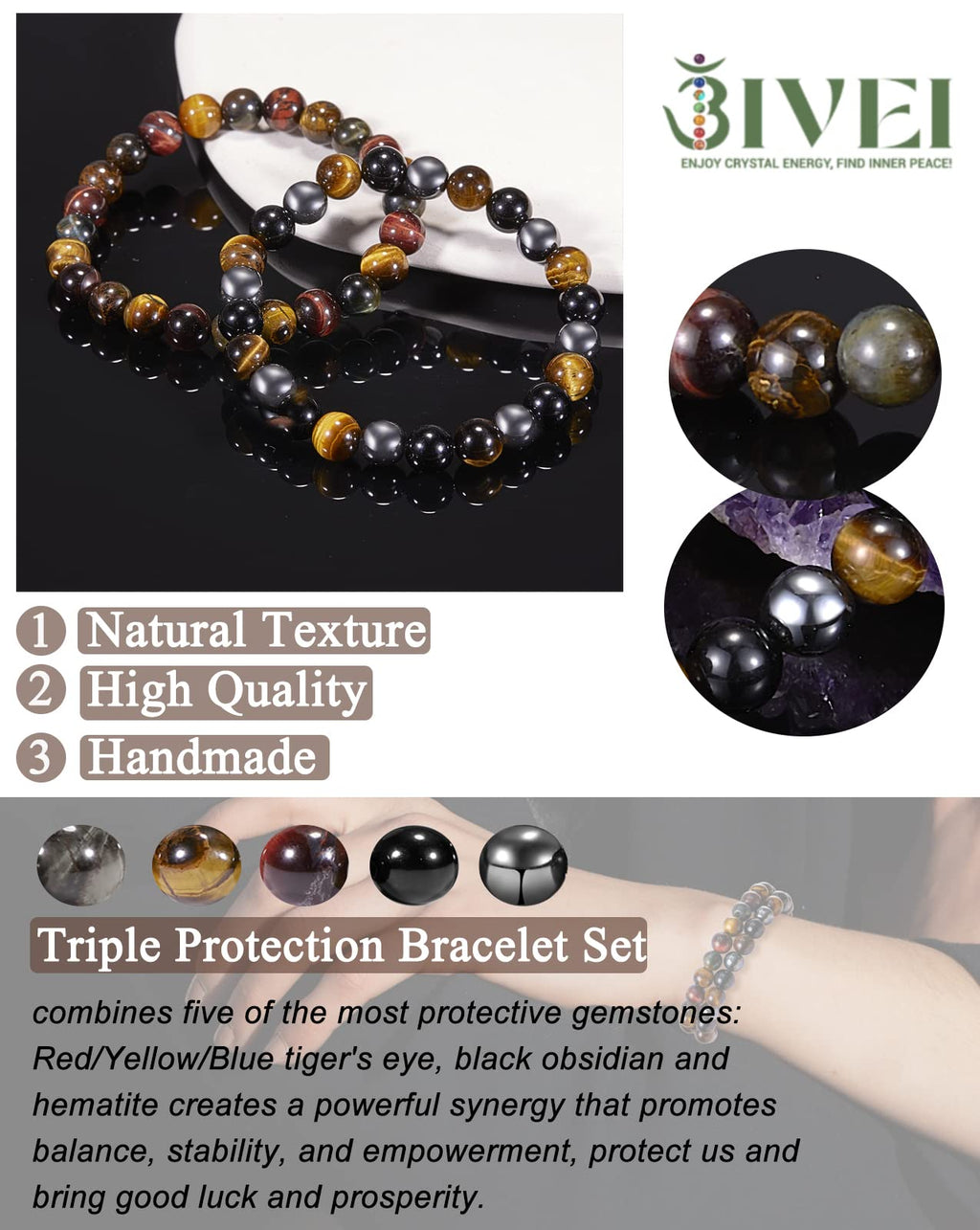 Bivei Men Bracelets Triple Protection Tiger Eye Black Obsidian Hematite Beaded Bracelets Crystal Healing Anxiety Chakra Natural