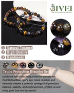Bivei Men Bracelets Triple Protection Tiger Eye Black Obsidian Hematite Beaded Bracelets Crystal Healing Anxiety Chakra Natural