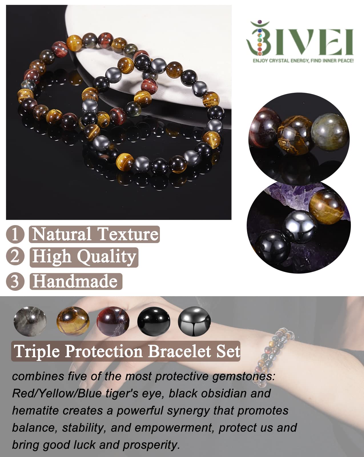 Bivei Men Bracelets Triple Protection Tiger Eye Black Obsidian Hematite Beaded Bracelets Crystal Healing Anxiety Chakra Natural