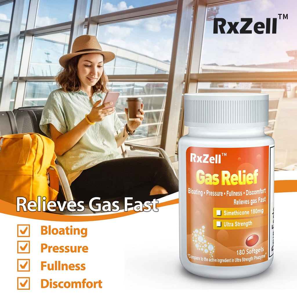 RXZELL Gas Relief, Ultra Strength Simethicone 180mg, 180 Softgels - Anti Flatulence Relieves Gas Fast, Bloating Aid, Stomach Dis
