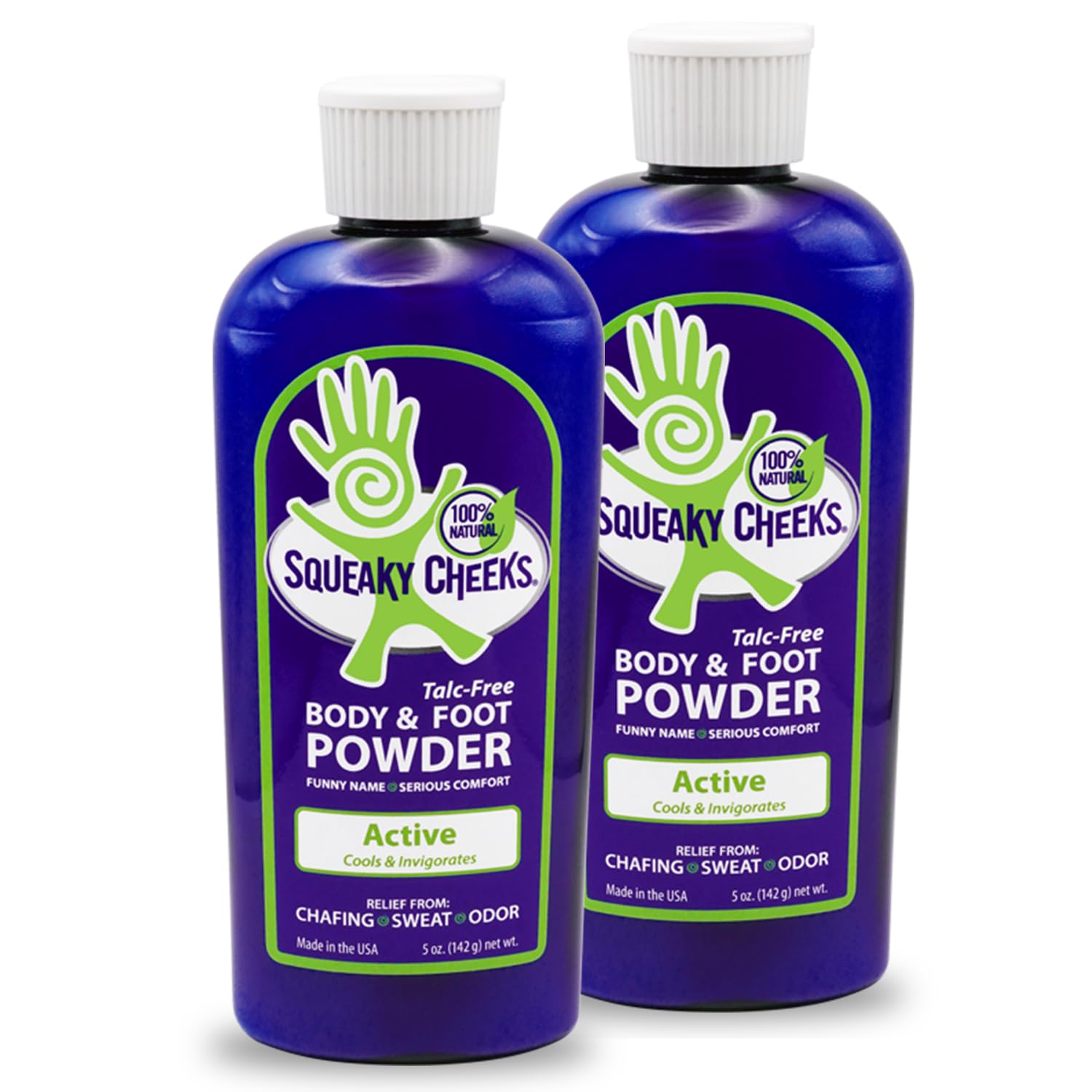 Squeaky Cheeks Cooling Body and Foot Powder (5oz) 2 Pack | Talc-Free and All Natural Powder | Active Formula | Minty Fresh Scent