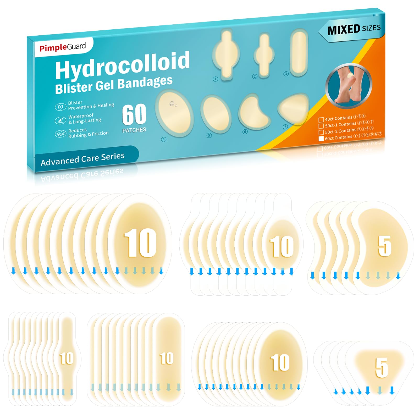 60ct Blister Bandages for Feet Hydrocolloid Bandages Waterproof Blister Cushion for Feet Toes Heels Blister Pads for Prevention 