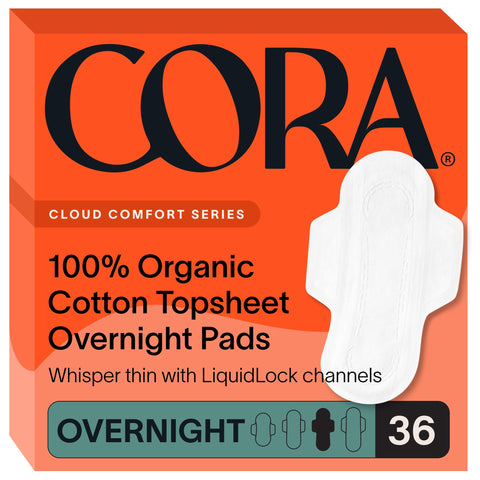 Cora 100% Organic Cotton Topsheet Pads | Ultra Thin Period Pads with Wings | Overnight Absorbency | Ultra-Absorbent Sanitary Pad