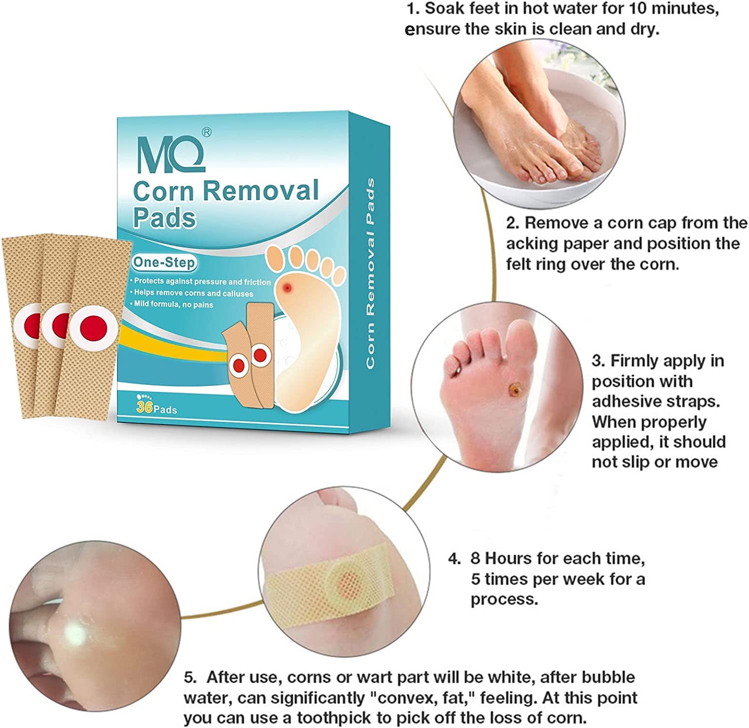 MQ Corn Remover, 36 Pads Corn Removers for Feet, Corn Removers for Toes, Corn Removal for Foot Corn Plasters for Feet