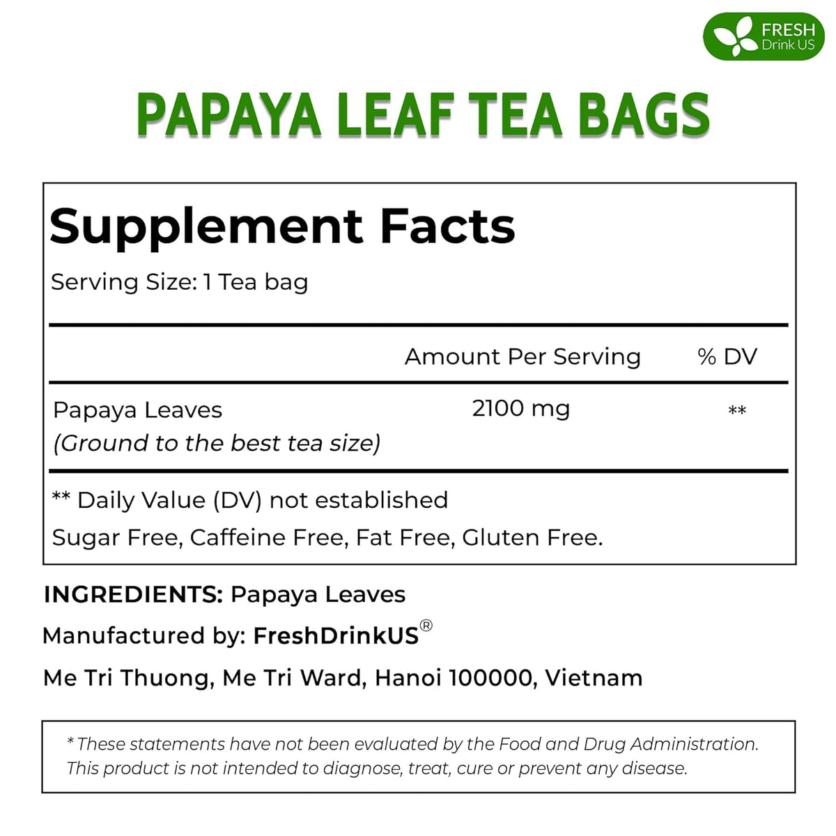 Premium Papaya Leaf Tea Bags, Made with Natural Material Tea Bags. No Sugar, No Caffeine, No Gluten, Vegan.