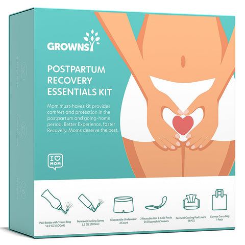 Grownsy Postpartum Essentials Recovery Kit for Labor & Delivery | Postpartum Kit for Women | Includes Upside Down Peri Bottle, P