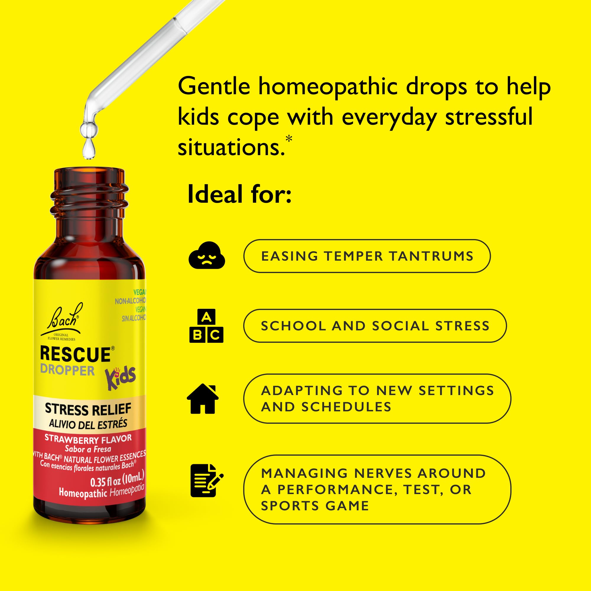 Bach RESCUE Kids Dropper, Natural Strawberry Flavor, Stress Relief for Children, Calming Aid, Homeopathic, Flower Essences, 10mL