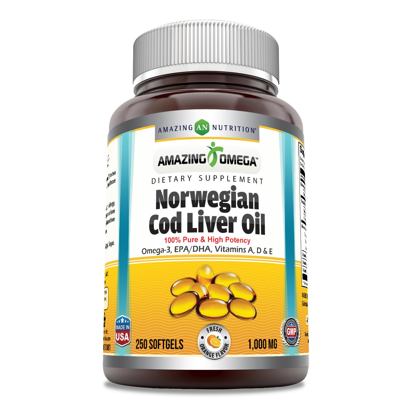 Amazing Omega Norwegian Cod Liver Oil 1000 Mg Softgels Supplement | Omega-3, EPA, DHA, Vitamin A, Vitamin D & Vitamin E (Orange 