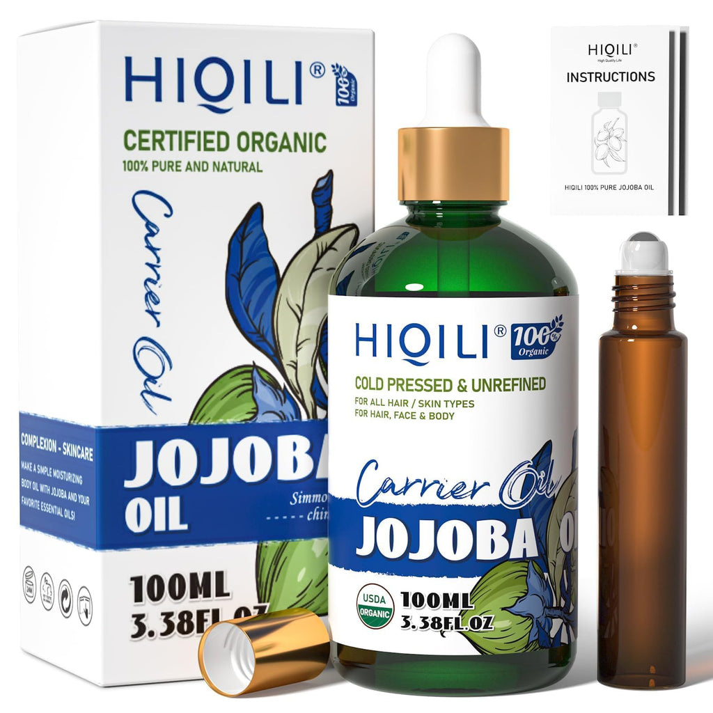 HIQILI 100ML Jojoba Oil Organic for Hair Growth,100% Pure Cold Pressed Unrefined, Included Roller Bottle for Massage - 3.38 Fl O