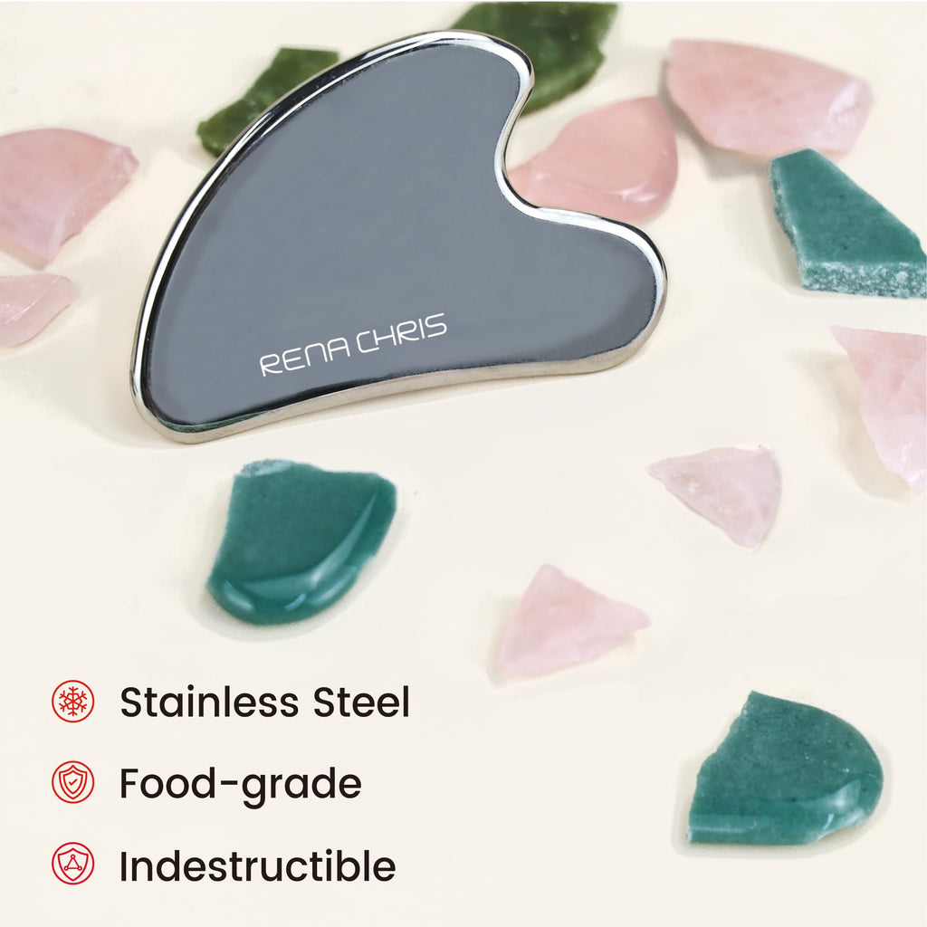 Rena Chris Gua Sha Facial Tools, Stainless Steel Guasha, Manual Massage Sticks for Jawline Sculpting and Puffiness Reducing, Scr