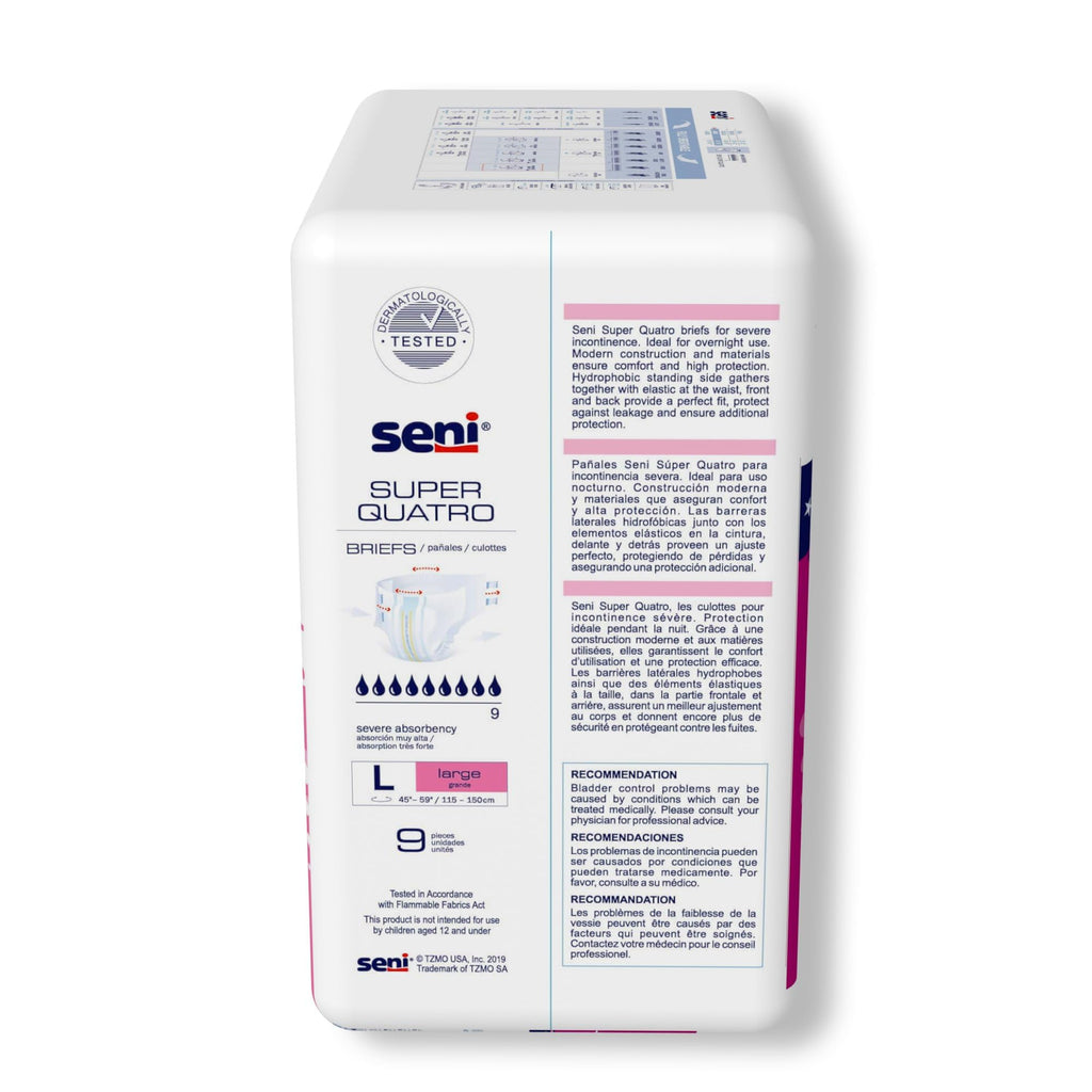 Seni Super Quatro Adult Incontinence Brief L Heavy Absorbency Breathable/Overnight, S-LA09-BQ1, Severe, 36 Ct