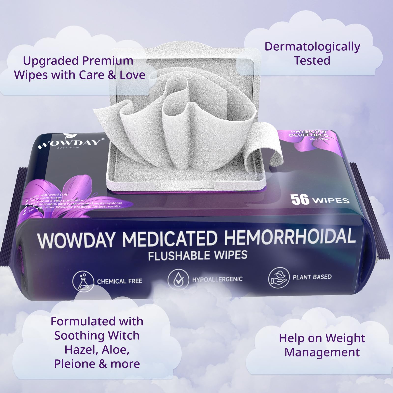 WowDay Flushable Hemorrhoid Wipes | Maximum Strength Witch Hazel Wipes | 240 Count Fragrance Free Adult Hemorrhoid Treatment Med