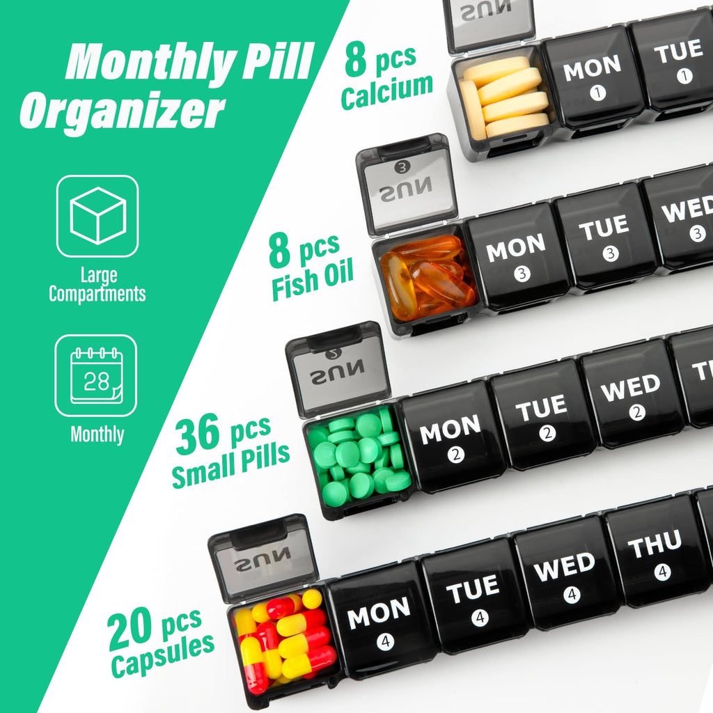 Large Monthly Pill Organizer, XL 4 Weeks Pill Box,28 Day Pill Cases Organizerd by Week,Big Compartment Pill Container with Dust-