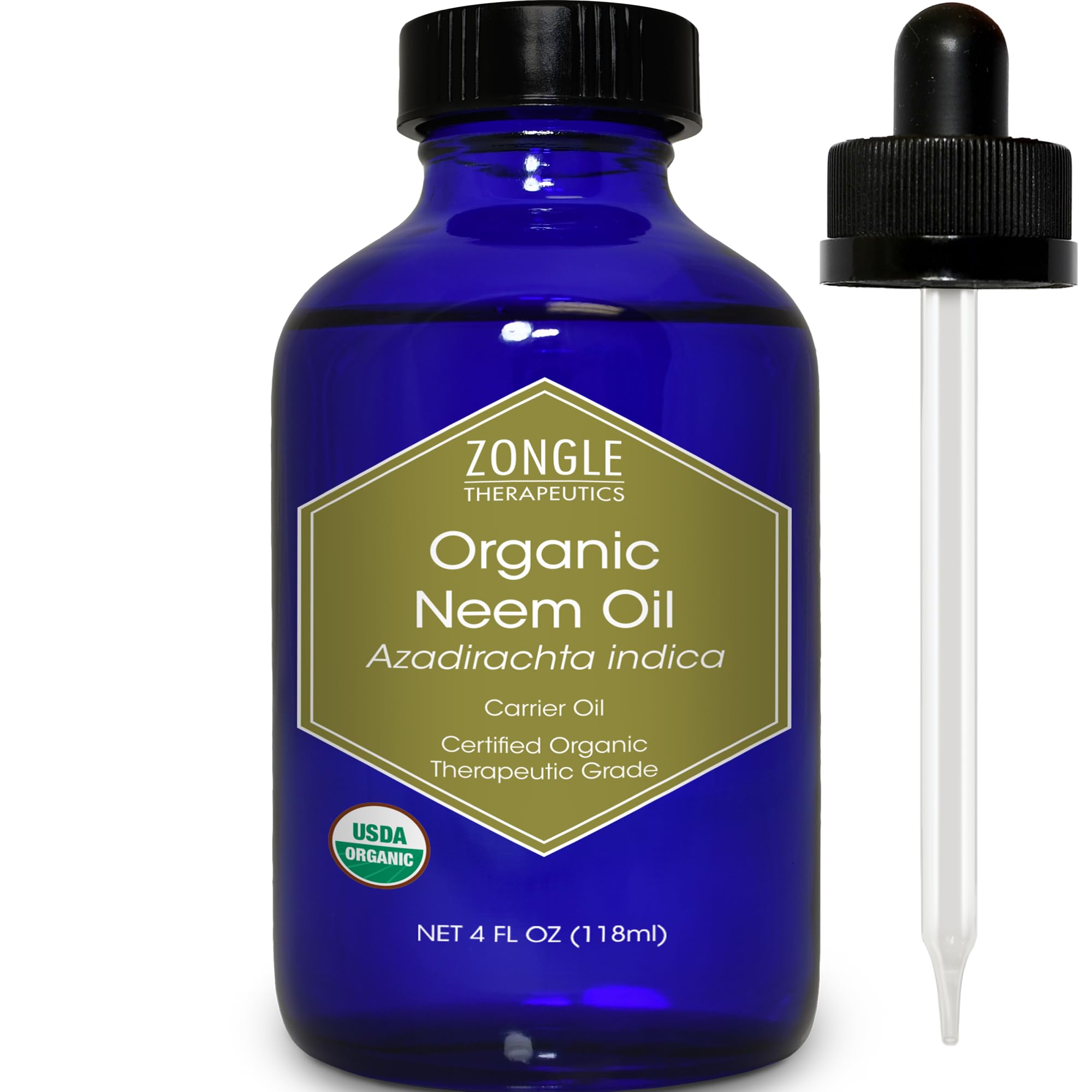 Organic, Neem Oil, for Plants, Skin, Hair, Dogs - 100% Pure, Neem Oil, by Zongle Therapeutics, 4 OZ