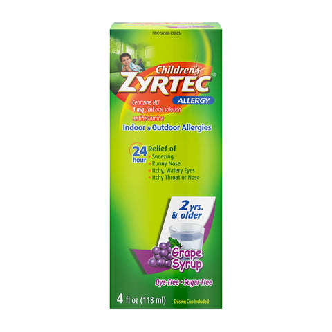 Zyrtec Childrens Allergy Syrup, Dye-Free, Sugar-Free Grape, 4 Ounce