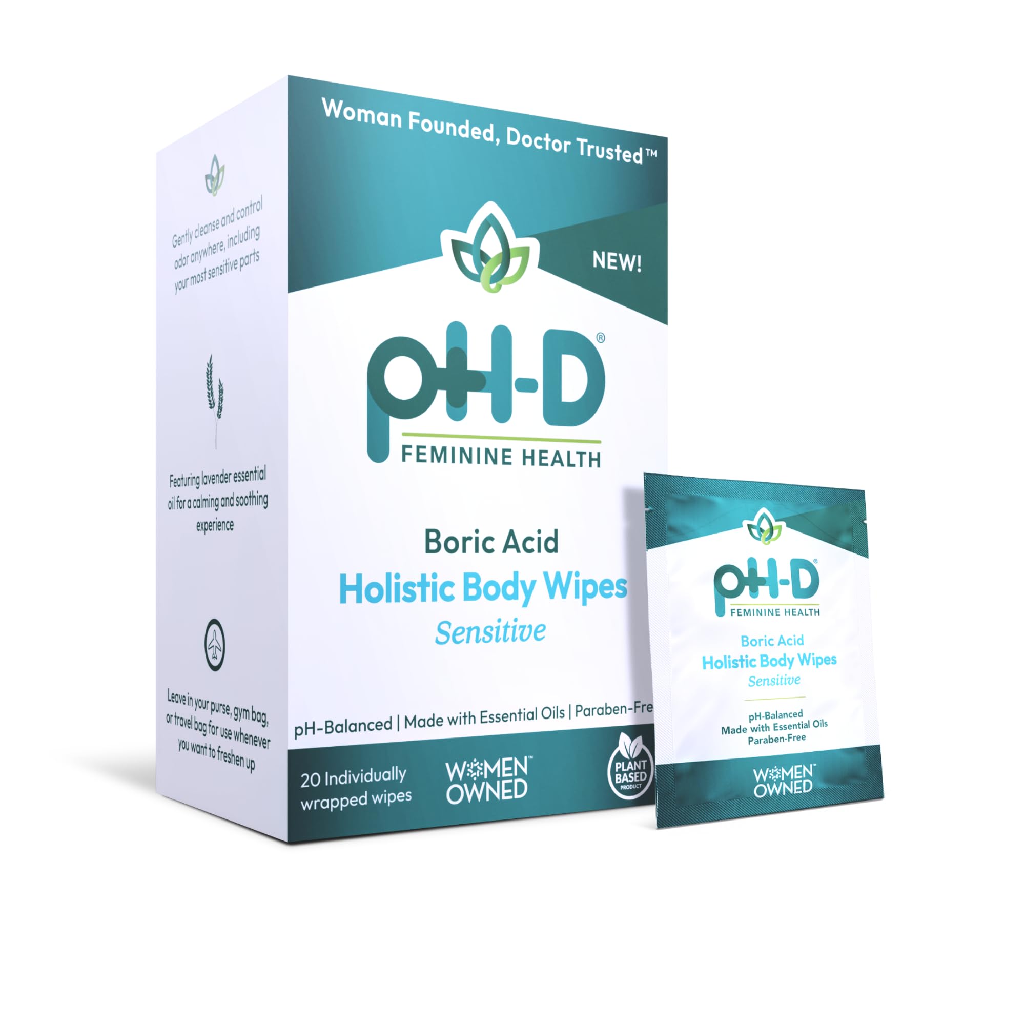 pH-D Feminine Health Support - Boric Acid Wipes - Holistic Body Wipes - Travel Friendly, pH-Balanced, Paraben-Free, and Made wit