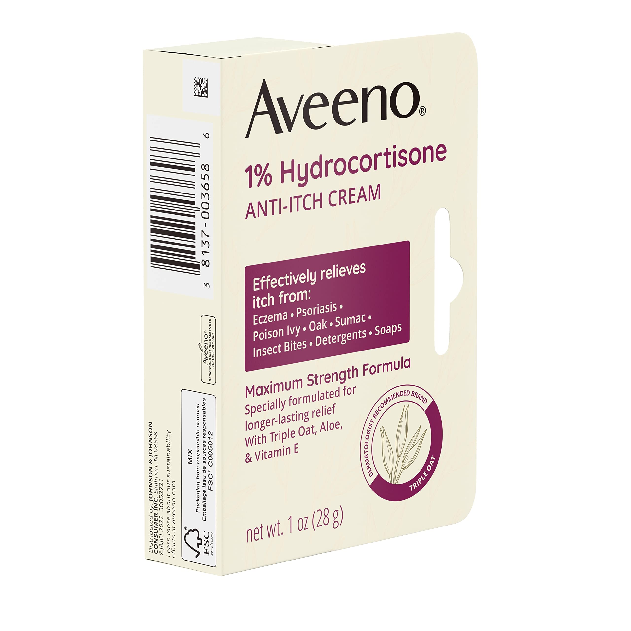 Aveeno Maximum Strength 1% Hydrocortisone Anti-Itch Cream, Triple Oat, Aloe & Vitamin E for Itch Relief from Eczema, Psoriasis,