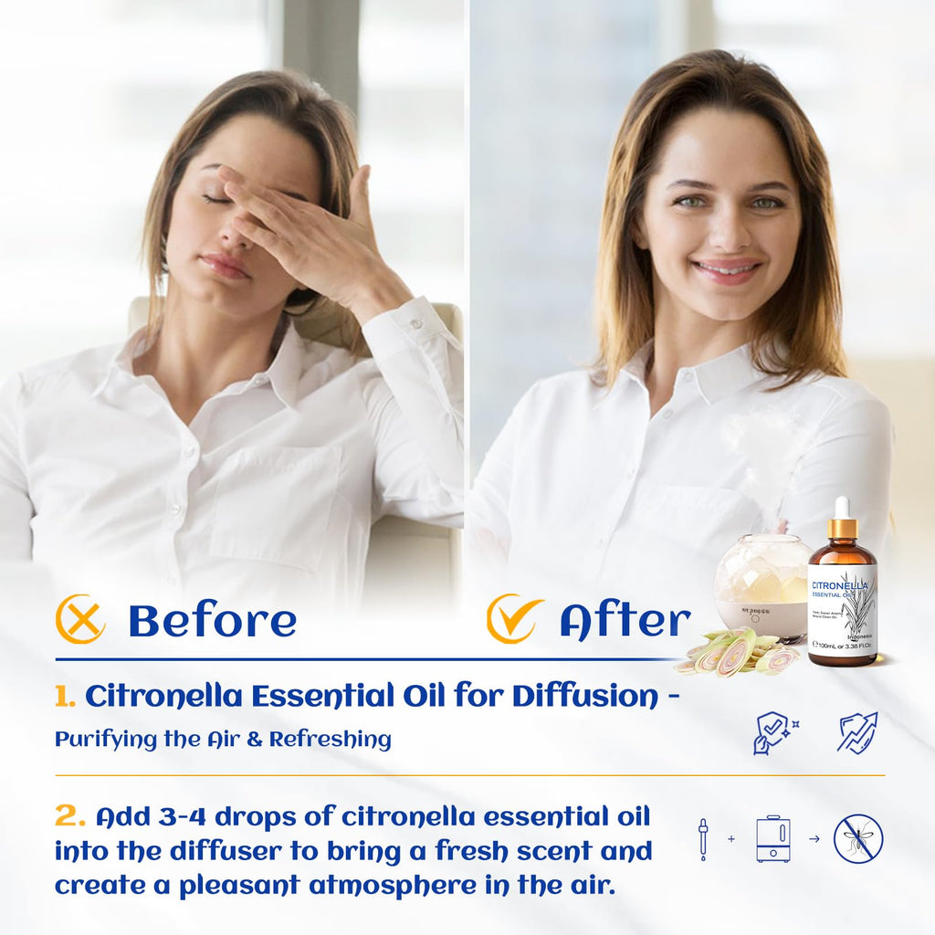 HIQILI 100ML Citronella Essential Oil for Homemade Sprays, Add to Diffuser 100% Pure and Natural Undiluted 3.38 Fl Oz
