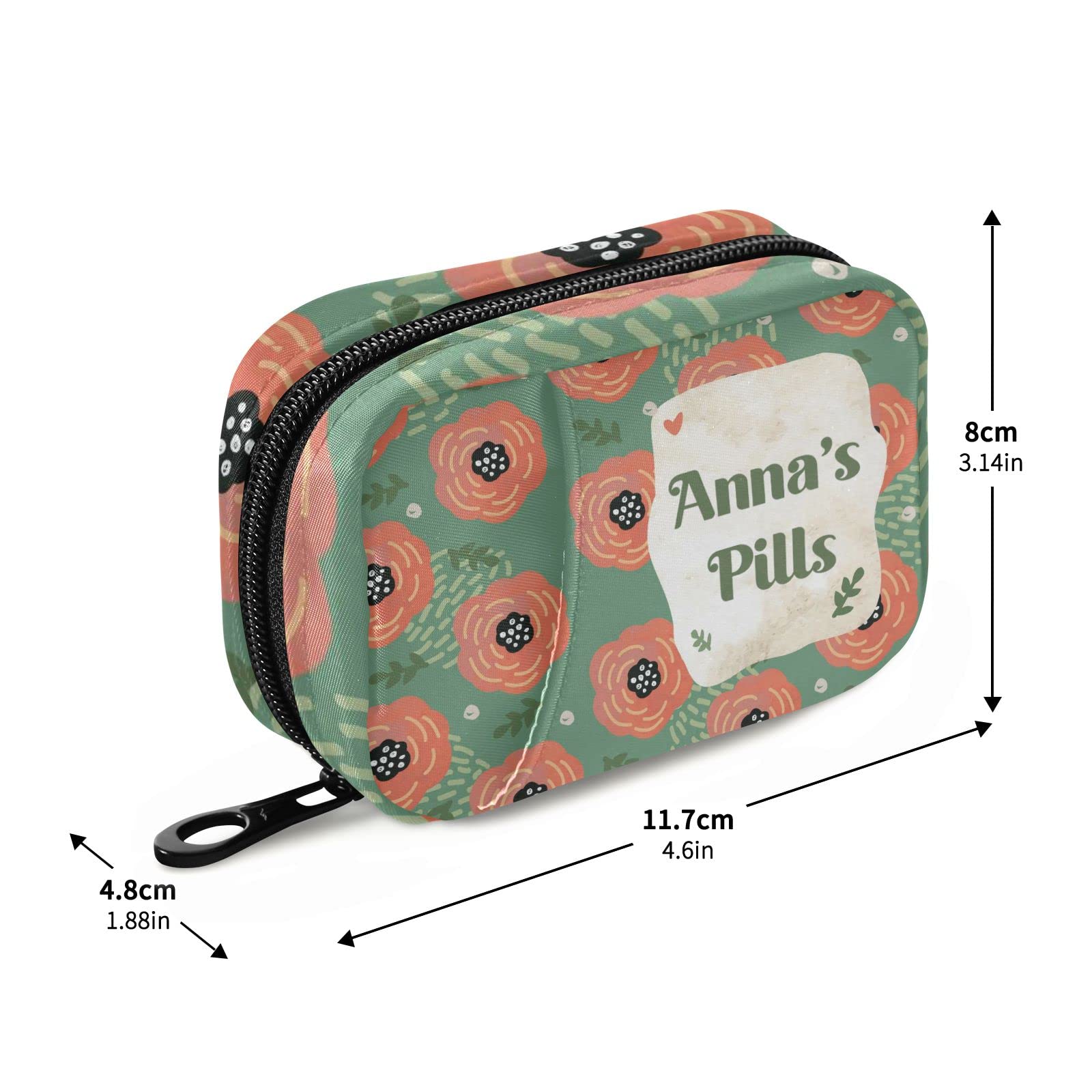 Custom Pill Box 7 Day Pill Case Bag Vintage Poppies Floral Personalized Name Travel Pill Organizer Bag with Zipper Portable Week
